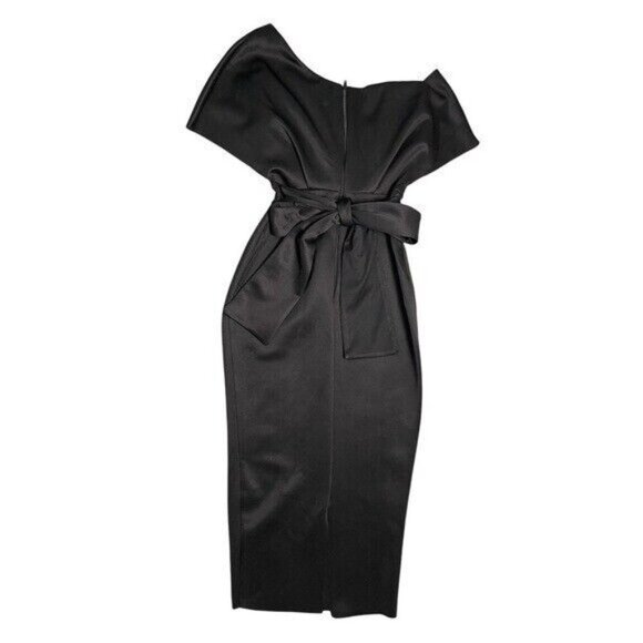 NWT ASOS Bardot Black Midi Dress – Off Shoulder Tie Waist Pencil Dress Size 0 - Picture 3 of 9